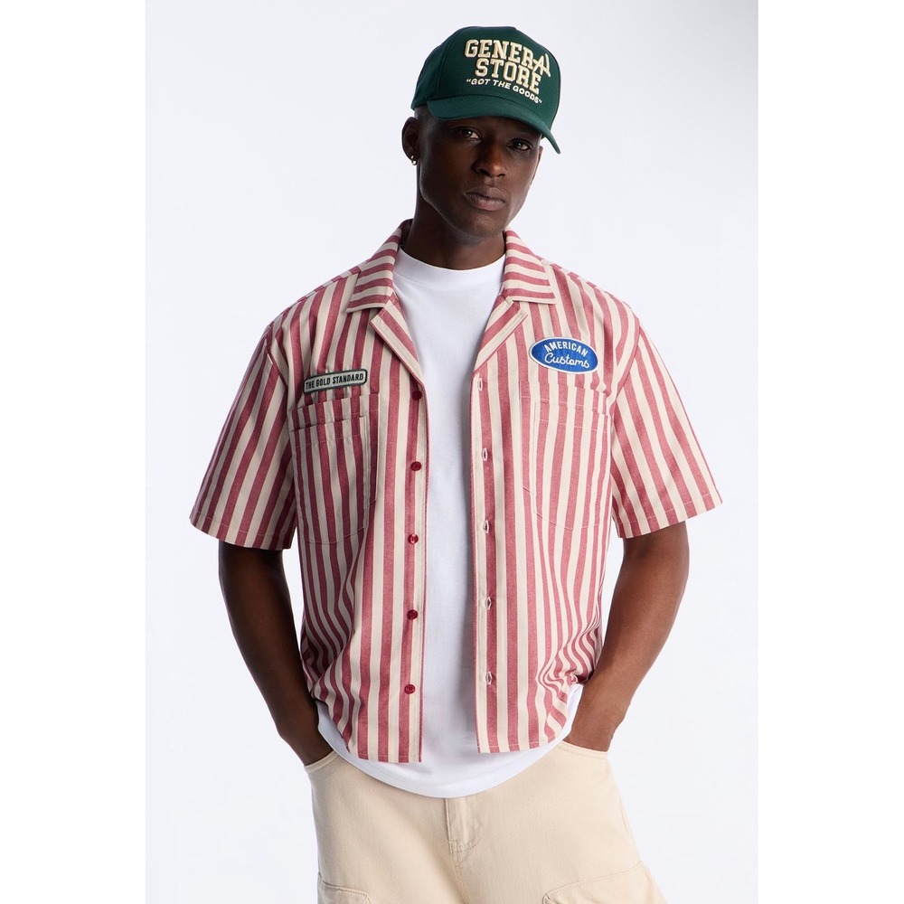 Fashion Nova MEN Red Striped American Customs Patch Short Sleeve Button Shirt L